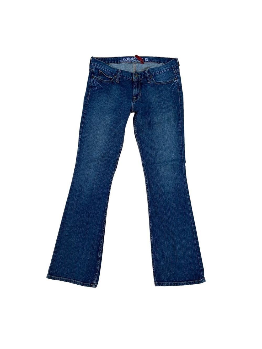 Guess jeans Foxy Flare blue stretchy distressed denim very low rise waist 28